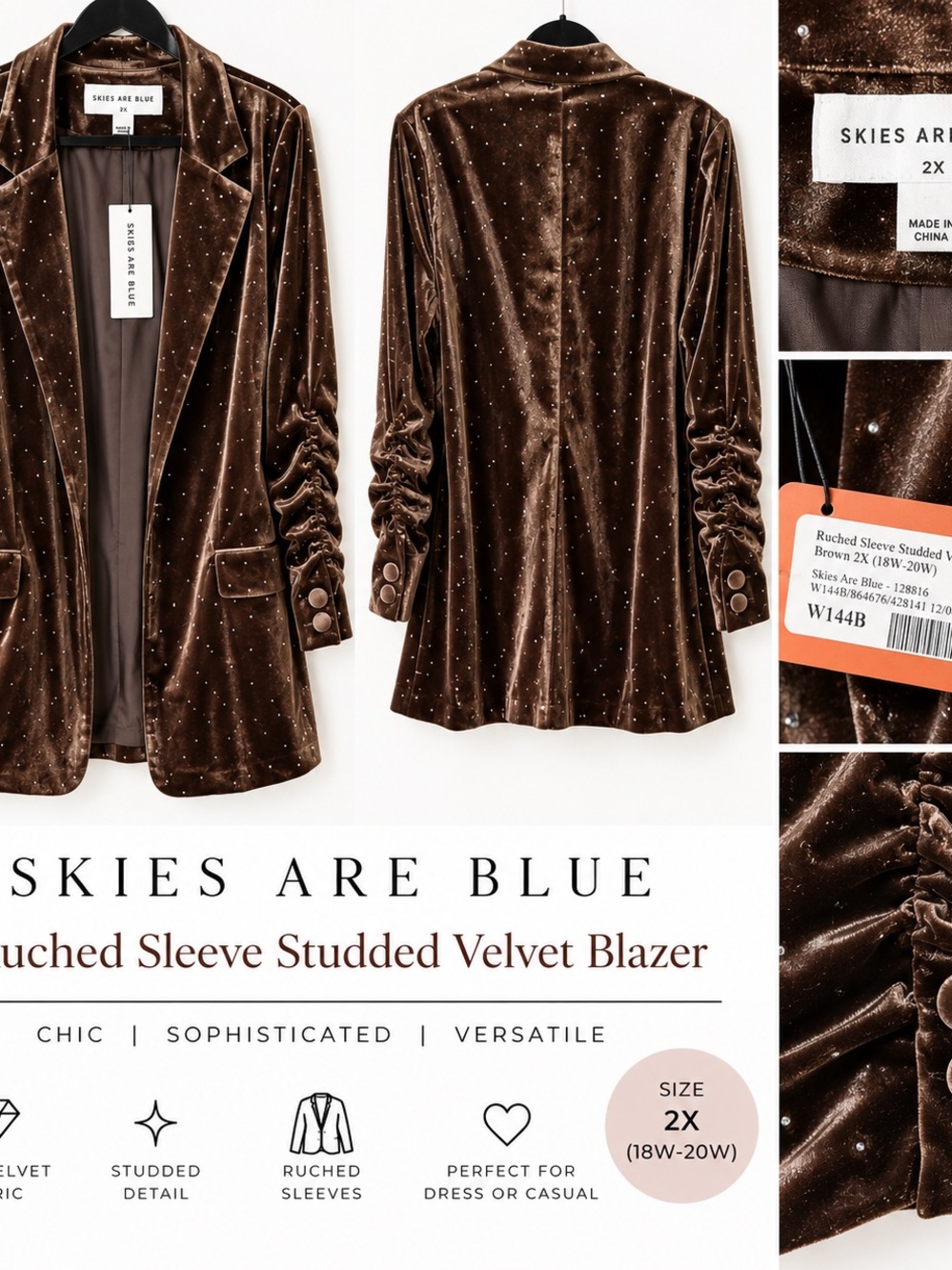 Skies are Blue Brown Ruched Sleeve Studded Velvet Blazer 2X NWT